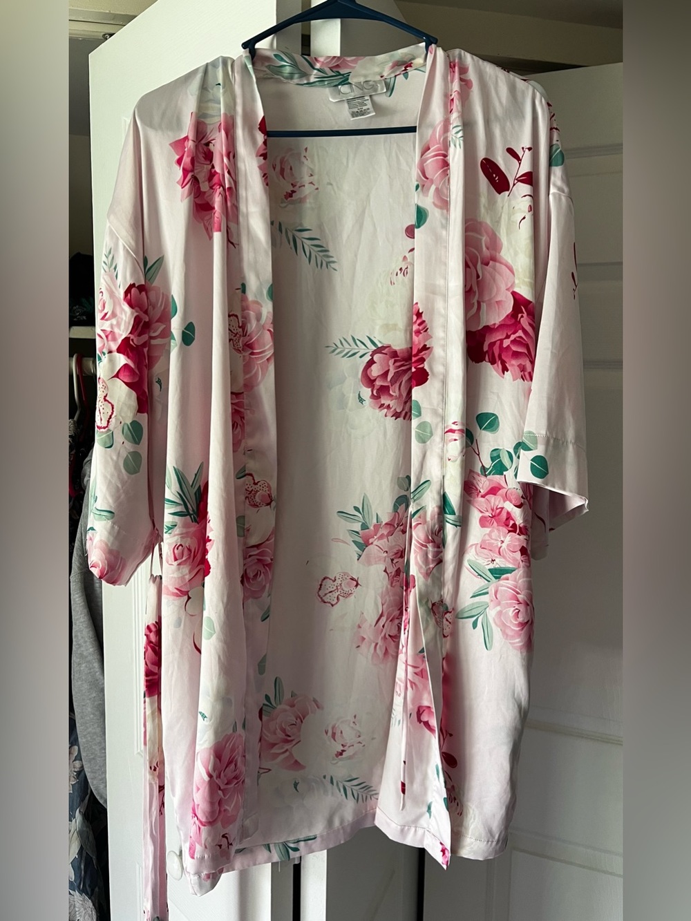 Floral Pink Satin Kimono Robe